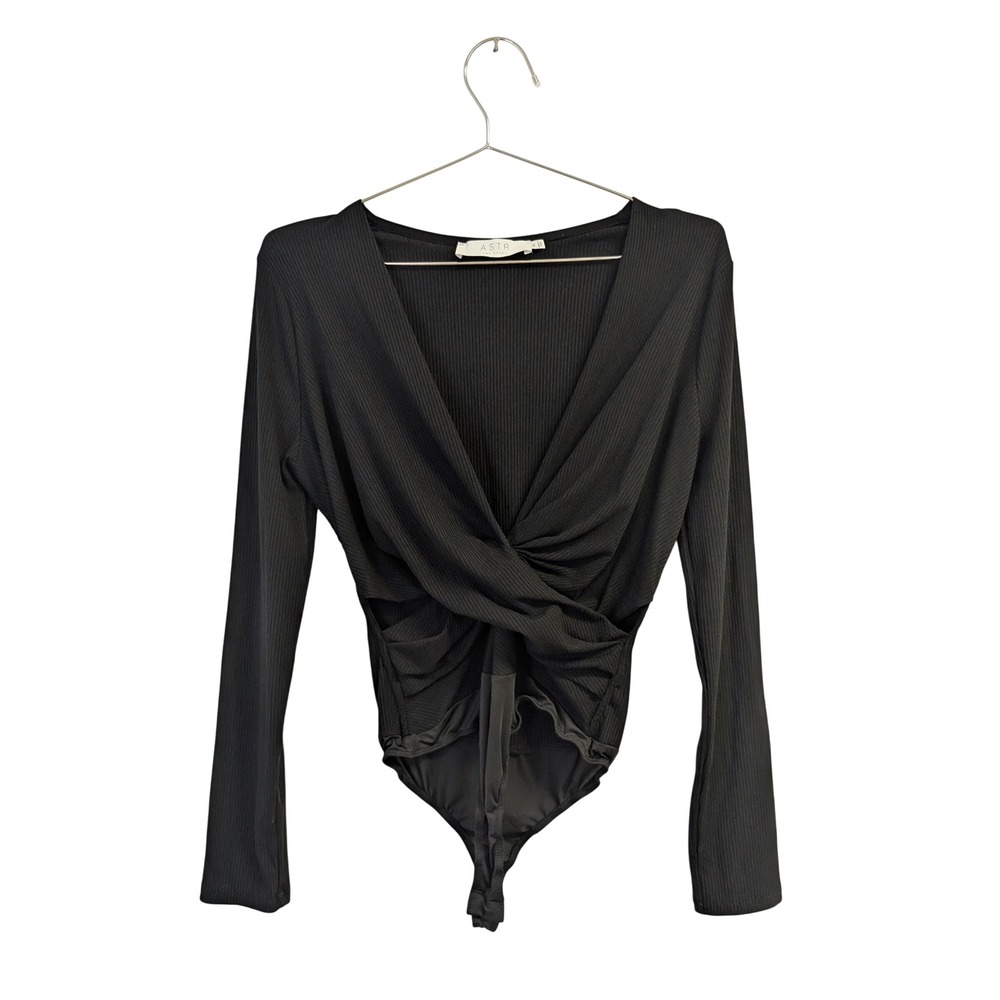 ASTR The Label Bodysuit Long Sleeve Twist Front Faux Wrap Cut Out Ribbed Black M